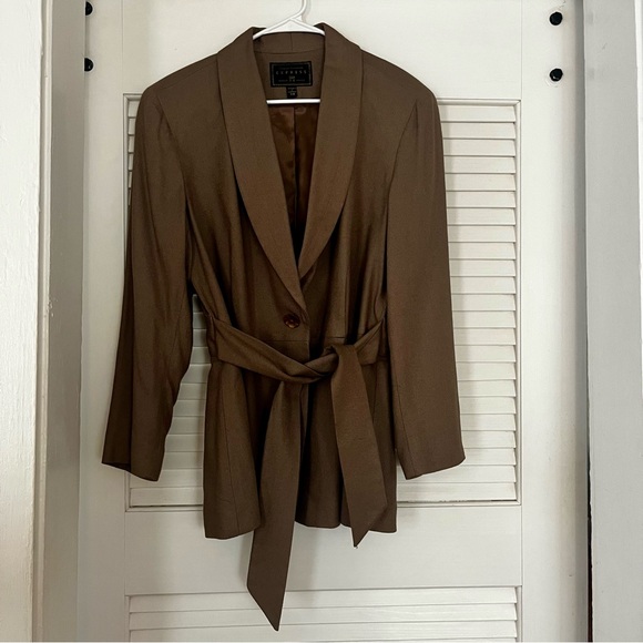 Vintage Express Taupe Belted Blazer Jacket 7/8 - Picture 1 of 5